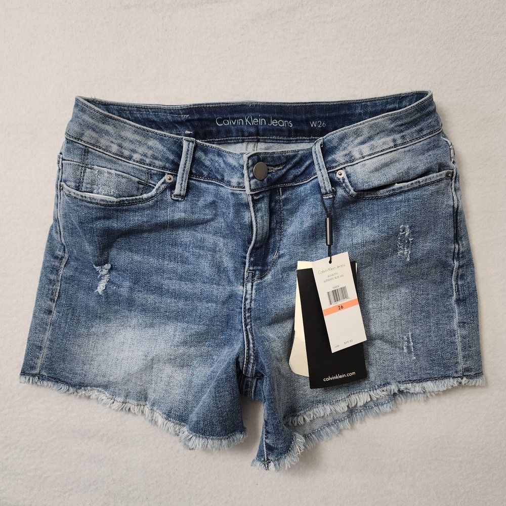Calvin Klein Cut Off Shorts Womens 26 (28) Blue Fade Denim Distressed Grunge New